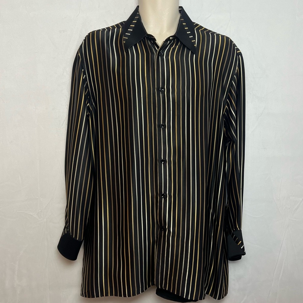 Vitaliano Pancaldi Silk Black and Gold Striped Men's Shirt Medium